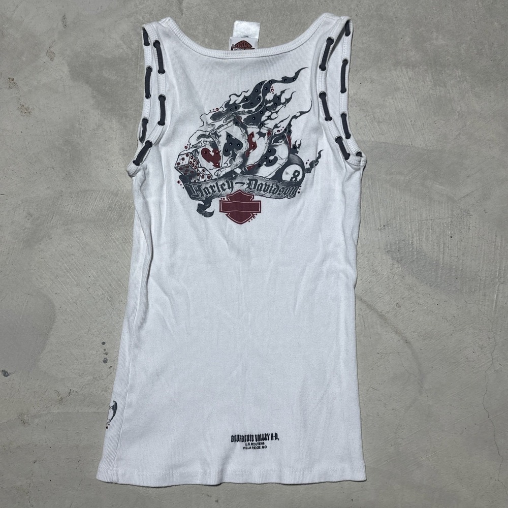 Harley-Davidson White Tank with Black Lace-Up Trim and Red/Gray Flame Graphic